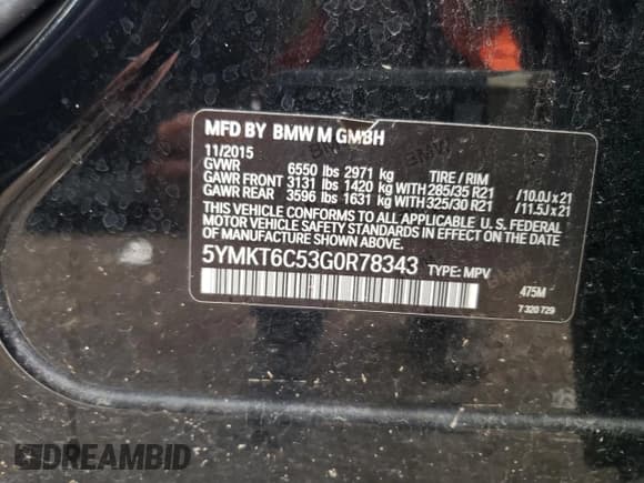 ✅ 2016 BMW X5 M • VIN: 5YMKT6C53G0R78343 • Лот: 53502584. Опубликован ранее на Copart с пробегом 123 914 миль. Бесплатный доступ к архиву аукционных продаж из США и подробный отчёт об истории автомобиля на DreamBid. Изображение 13.