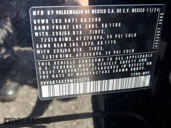 ✅ 2024 Volkswagen Tiguan Wolfsburg Edition • VIN: 3VVAB7AX2RM229276 • Lot: 60845445. Listed on Copart with 859 mi. Free auction sales archive from the USA and detailed vehicle history report at DreamBid. Image 14.