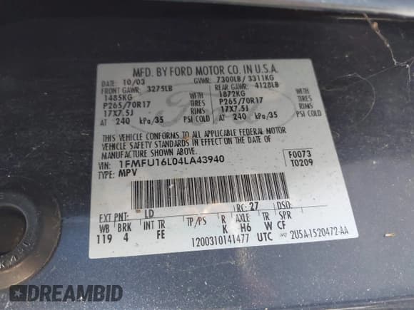✅ 2004 Ford Expedition Special Service • VIN: 1FMFU16L04LA43940 • Lot: 43574344. Wystawiony na IAAI z przebiegiem 179 519 mil. Bezpłatny archiwum sprzedaży aukcyjnych z USA i szczegółowy raport historii pojazdu na DreamBid. Zdjęcie 9.