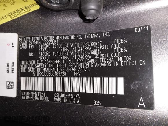 ✅ 2012 Toyota Sienna LE • VIN: 5TDKK3DC5CS183728 • Lot: 43790834. Listed on IAAI with 213,960 mi. Free auction sales archive from the USA and detailed vehicle history report at DreamBid. Image 9.