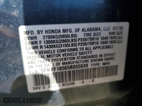 ✅ 2005 Honda Pilot EX-L • VIN: 5FNYF18565B055939 • Lot: 90927575. Wystawiony na Copart z przebiegiem 138 911 mil. Bezpłatny archiwum sprzedaży aukcyjnych z USA i szczegółowy raport historii pojazdu na DreamBid. Zdjęcie 12.