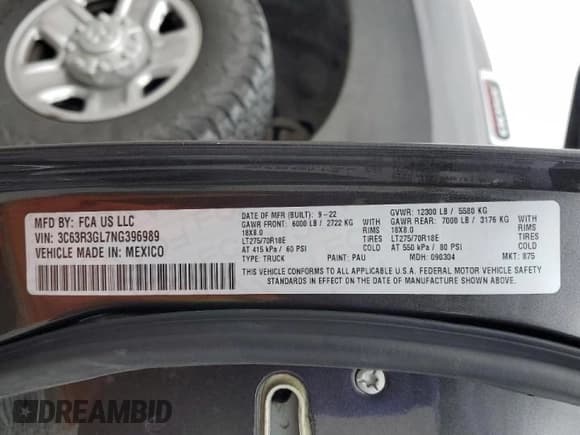 ✅ 2022 Ram 3500 Tradesman • VIN: 3C63R3GL7NG396989 • Lot: 55659625. Wystawiony na Copart z przebiegiem 51 431 mil. Bezpłatny archiwum sprzedaży aukcyjnych z USA i szczegółowy raport historii pojazdu na DreamBid. Zdjęcie 12.