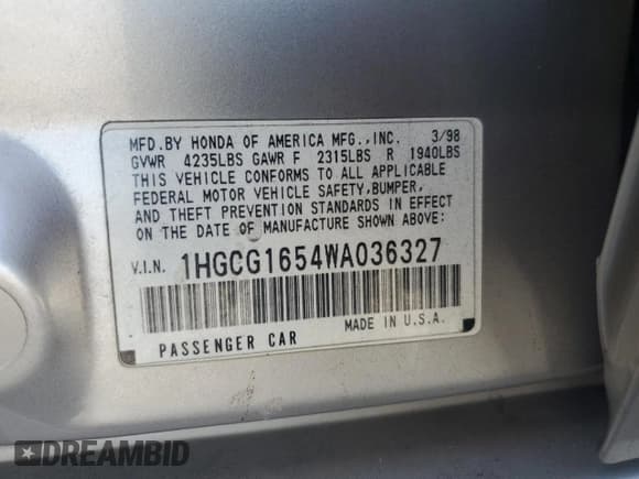 ✅ 1998 Honda Accord EX • VIN: 1HGCG1654WA036327 • Лот: 60319605. Опубликован ранее на Copart с пробегом 279 762 миль. Бесплатный доступ к архиву аукционных продаж из США и подробный отчёт об истории автомобиля на DreamBid. Изображение 12.