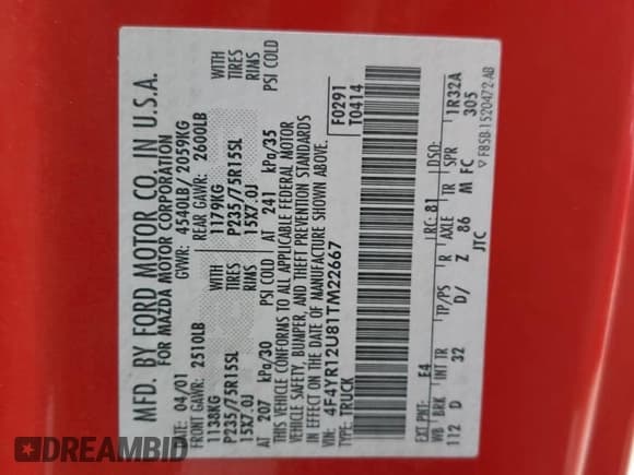 ✅ 2001 Mazda B-Series DS • VIN: 4F4YR12U81TM22667 • Lot: 79798234. Listed on Copart with 76,508 mi. Free auction sales archive from the USA and detailed vehicle history report at DreamBid. Image 12.