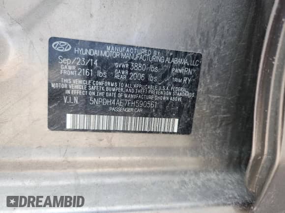 2015 Hyundai Elantra SE with VIN 5NPDH4AE7FH590561, listed as a Copart auction lot 67653325 with Not provided miles and Salvage title. Bid and sale history available at DreamBid. Image 12.