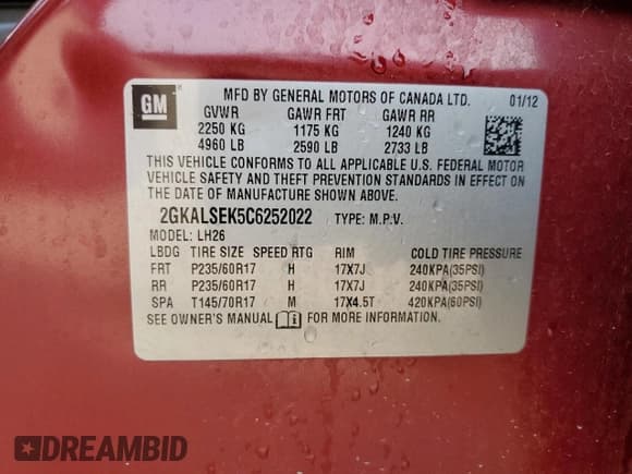 ✅ 2012 GMC Terrain SLE-2 • VIN: 2GKALSEK5C6252022 • Lot: 60351645. Listed on Copart with 120,303 mi. Free auction sales archive from the USA and detailed vehicle history report at DreamBid. Image 12.