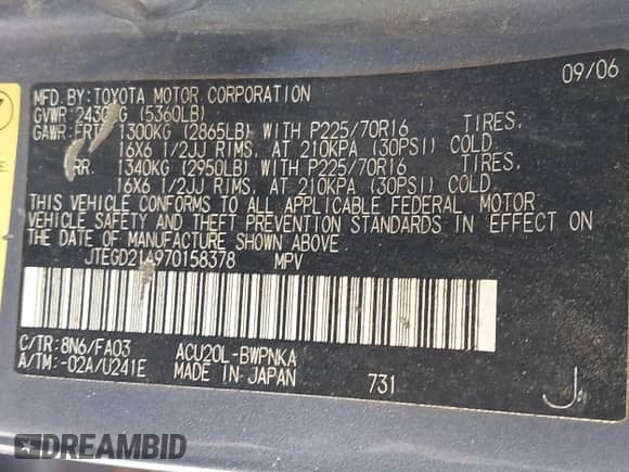 2007 Toyota Highlander с VIN JTEGD21A970158378, выставлен на аукционе IAAI как лот 43037835 с пробегом 391 903 миль миль и . История ставок и продаж доступна на DreamBid. Изображение 9.