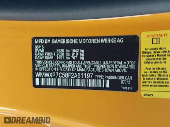 ✅ 2015 MINI Hardtop S • VIN: WMWXP7C58F2A61197 • Lot: 43457332. Listed on IAAI with 142,557 mi. Free auction sales archive from the USA and detailed vehicle history report at DreamBid. Image 9.