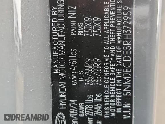 2024 Hyundai Tucson Limited z VIN 5NMJECDE5RH372959, wystawiony jako Copart lot #66755485 z przebiegiem 6 396 mil mil oraz Szkoda całkowita • Salvage title. Historia ofert i sprzedaży dostępna na DreamBid. Obrazek 14.