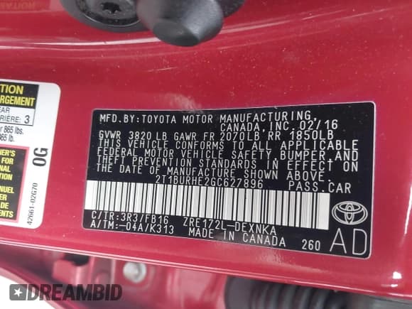 ✅ 2016 Toyota Corolla L • VIN: 2T1BURHE2GC627896 • Лот: 43737934. Опубликован ранее на IAAI с пробегом 126 569 миль. Бесплатный доступ к архиву аукционных продаж из США и подробный отчёт об истории автомобиля на DreamBid. Изображение 9.