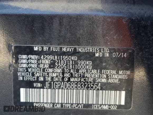 ✅ 2014 Subaru Impreza Premium • VIN: JF1GPAD68E8323564 • Лот: 89729295. Опубликован ранее на Copart с пробегом 105 558 миль. Бесплатный доступ к архиву аукционных продаж из США и подробный отчёт об истории автомобиля на DreamBid. Изображение 13.