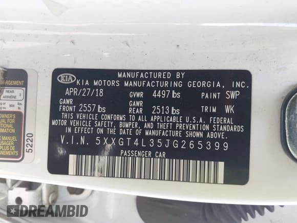 ✅ 2018 Kia Optima LX • VIN: 5XXGT4L35JG265399 • Lot: 43785035. Listed on IAAI with 128,699 mi. Free auction sales archive from the USA and detailed vehicle history report at DreamBid. Image 9.