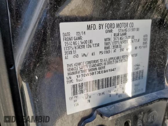 ✅ 2014 Ford F-350 XLT • VIN: 1FT8W3BT3EEB61947 • Lot: 92820115. Listed on Copart with 255,508 mi. Free auction sales archive from the USA and detailed vehicle history report at DreamBid. Image 12.