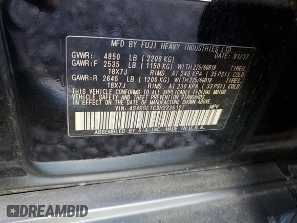 ✅ 2017 Subaru Outback Touring • VIN: 4S4BSETC9H3336127 • Lot: 53920235. Listed on Copart with 138,842 mi. Free auction sales archive from the USA and detailed vehicle history report at DreamBid. Image 13.