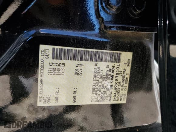 ✅ 2013 Nissan Maxima S • VIN: 1N4AA5AP2DC838101 • Lot: 91240155. Listed on Copart with 216,392 mi. Free auction sales archive from the USA and detailed vehicle history report at DreamBid. Image 13.