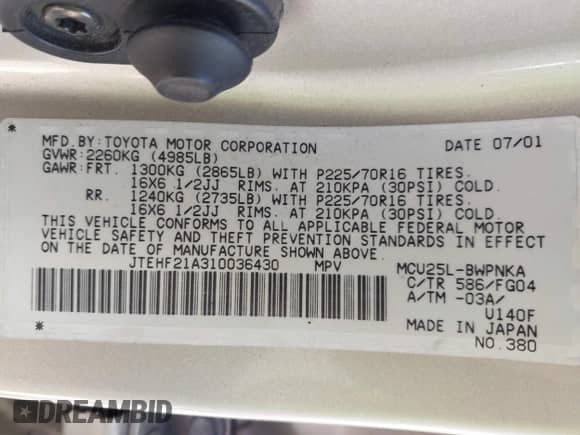 2001 Toyota Highlander с VIN JTEHF21A310036430, выставлен на аукционе IAAI как лот 42040208 с пробегом 341 256 миль миль и . История ставок и продаж доступна на DreamBid. Изображение 9.