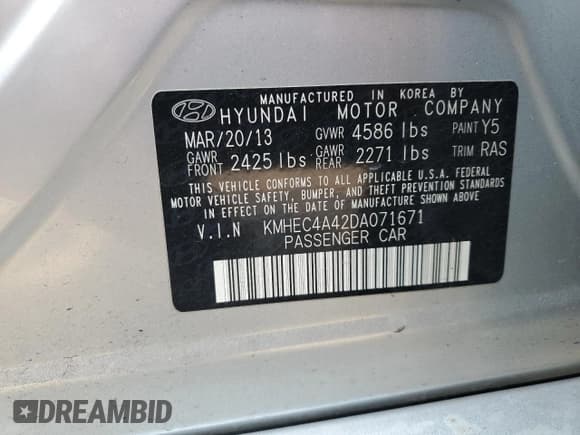 ✅ 2013 Hyundai Sonata Limited • VIN: KMHEC4A42DA071671 • Lot: 70534854. Listed on Copart with 88,728 mi. Free auction sales archive from the USA and detailed vehicle history report at DreamBid. Image 15.