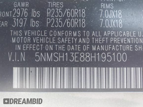 ✅ 2008 Hyundai Santa Fe SE • VIN: 5NMSH13E88H195100 • Лот: 43438919. Опубликован ранее на IAAI с пробегом 182 438 миль. Бесплатный доступ к архиву аукционных продаж из США и подробный отчёт об истории автомобиля на DreamBid. Изображение 9.