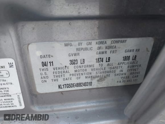 ✅ 2011 Chevrolet Aveo 2LT • VIN: KL1TG5DE4BB240310 • Lot: 43693958. Listed on IAAI with 138,849 mi. Free auction sales archive from the USA and detailed vehicle history report at DreamBid. Image 9.