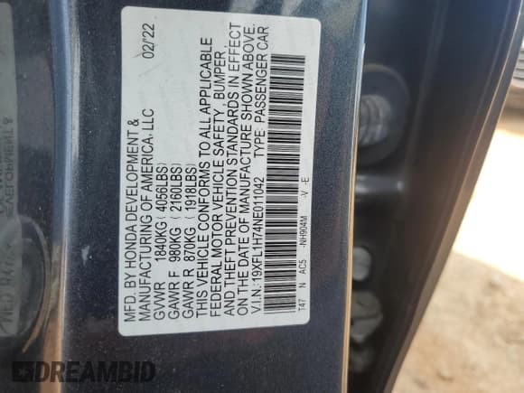 ✅ 2022 Honda Civic EX-L • VIN: 19XFL1H74NE011042 • Lot: 81987435. Wystawiony na Copart z przebiegiem 55 106 mil. Bezpłatny archiwum sprzedaży aukcyjnych z USA i szczegółowy raport historii pojazdu na DreamBid. Zdjęcie 12.