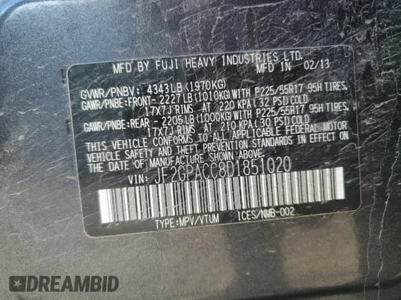 ✅ 2013 Subaru Crosstrek Premium • VIN: JF2GPACC8D1851020 • Lot: 84744745. Listed on Copart with 150,328 mi. Free auction sales archive from the USA and detailed vehicle history report at DreamBid. Image 13.