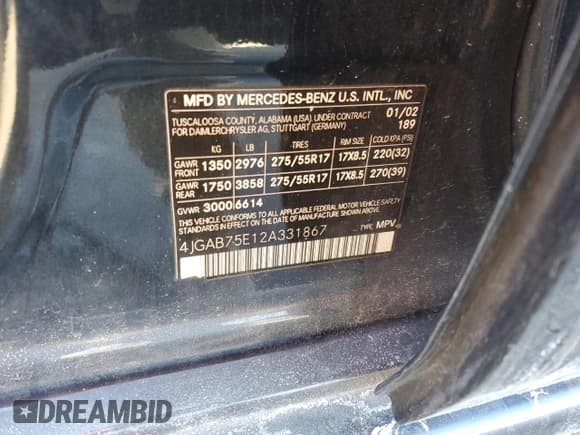 ✅ 2002 Mercedes-Benz M 320/430/500 • VIN: 4JGAB75E12A331867 • Lot: 42372375. Listed on Copart with 120,434 mi. Free auction sales archive from the USA and detailed vehicle history report at DreamBid. Image 14.