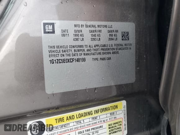 ✅ 2012 Chevrolet Malibu 1LT • VIN: 1G1ZC5E0XCF148199 • Lot: 82519784. Listed on Copart with 248,027 mi. Free auction sales archive from the USA and detailed vehicle history report at DreamBid. Image 14.