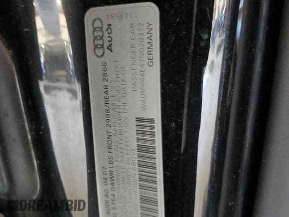 ✅ 2007 Audi A8 4.2L • VIN: WAUMV44E47N020312 • Lot: 67212645. Wystawiony na Copart z przebiegiem 115 273 mil. Bezpłatny archiwum sprzedaży aukcyjnych z USA i szczegółowy raport historii pojazdu na DreamBid. Zdjęcie 12.