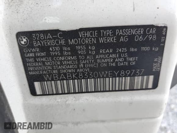 1998 BMW 3 Series 328i с VIN WBABK8330WEY89737, выставлен на аукционе Copart как лот 89182735 с пробегом 114 707 миль миль и Списание • Salvage title. История ставок и продаж доступна на DreamBid. Изображение 12.