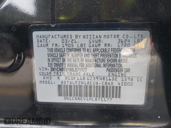 ✅ 2021 Nissan Versa SV • VIN: 3N1CN8EV1ML871177 • Lot: 43690123. Listed on IAAI with 78,127 mi. Free auction sales archive from the USA and detailed vehicle history report at DreamBid. Image 9.