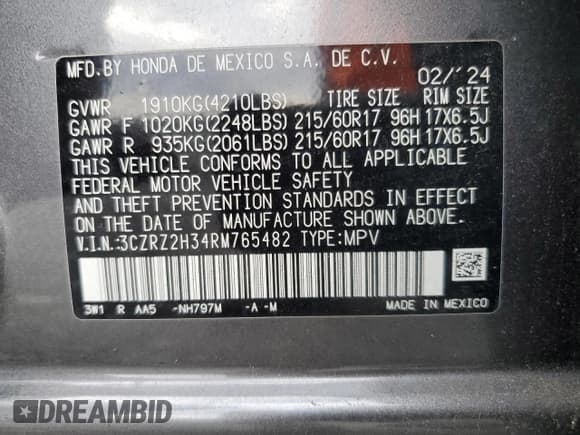 ✅ 2024 Honda HR-V LX • VIN: 3CZRZ2H34RM765482 • Lot: 85642765. Listed on Copart with 20,349 mi. Free auction sales archive from the USA and detailed vehicle history report at DreamBid. Image 13.