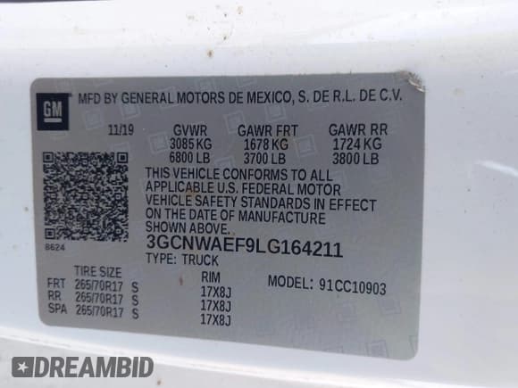 ✅ 2020 Chevrolet Silverado 1500 Work Truck • VIN: 3GCNWAEF9LG164211 • Lot: 43514591. Listed on IAAI with 113,688 mi. Free auction sales archive from the USA and detailed vehicle history report at DreamBid. Image 9.