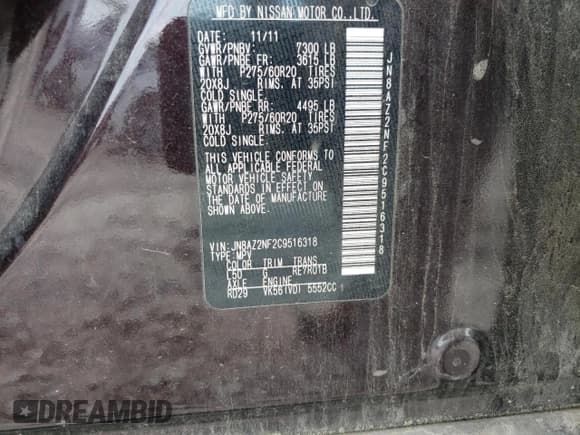 ✅ 2012 Infiniti QX56 7-passenger • VIN: JN8AZ2NF2C9516318 • Lot: 80265355. Listed on Copart with 240,982 mi. Free auction sales archive from the USA and detailed vehicle history report at DreamBid. Image 14.