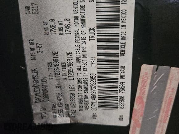 ✅ 2007 Dodge 3500 SLT • VIN: 3D7ML48A97G792058 • Lot: 89638805. Listed on Copart with 321,113 mi. Free auction sales archive from the USA and detailed vehicle history report at DreamBid. Image 10.