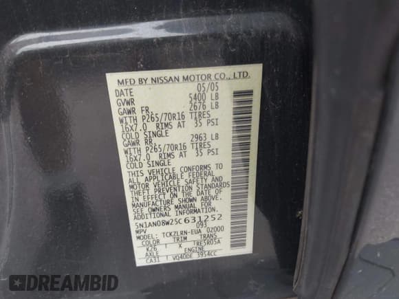 ✅ 2005 Nissan Xterra S • VIN: 5N1AN08W25C631252 • Лот: 42876836. Опубликован ранее на IAAI с пробегом 145 533 миль. Бесплатный доступ к архиву аукционных продаж из США и подробный отчёт об истории автомобиля на DreamBid. Изображение 9.