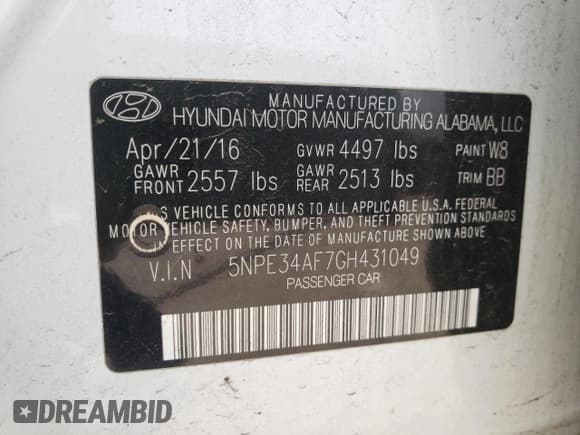 ✅ 2016 Hyundai Sonata Sport • VIN: 5NPE34AF7GH431049 • Lot: 50019013. Listed on Copart with 102,874 mi. Free auction sales archive from the USA and detailed vehicle history report at DreamBid. Image 13.