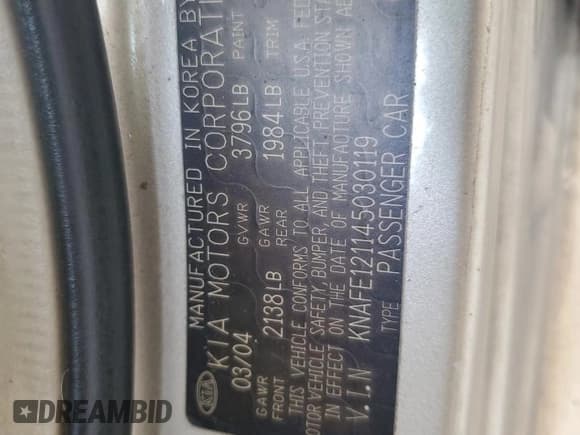 ✅ 2004 Kia Spectra LX • VIN: KNAFE121145030119 • Lot: 59522355. Listed on Copart with 86,264 mi. Free auction sales archive from the USA and detailed vehicle history report at DreamBid. Image 12.