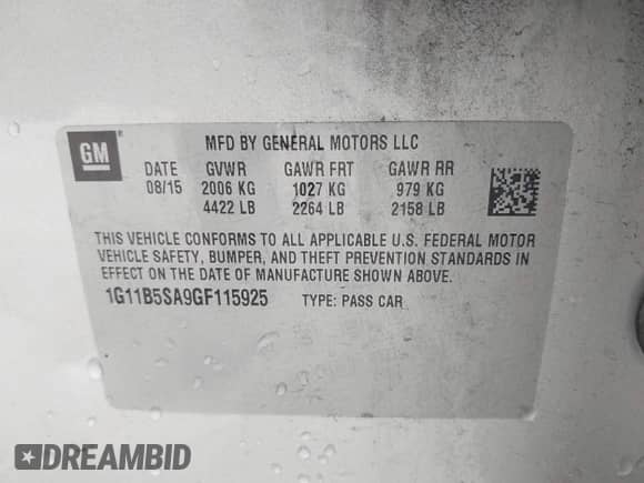 2016 Chevrolet Malibu LS z VIN 1G11B5SA9GF115925, wystawiony jako IAAI lot #43315728 z przebiegiem 108 708 mil mil oraz . Historia ofert i sprzedaży dostępna na DreamBid. Obrazek 9.