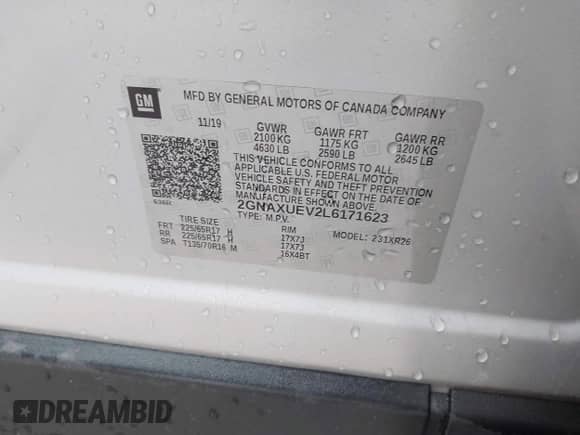 2020 Chevrolet Equinox LT with VIN 2GNAXUEV2L6171623, listed as a IAAI auction lot 43382874 with 59,908 mi miles and . Bid and sale history available at DreamBid. Image 9.