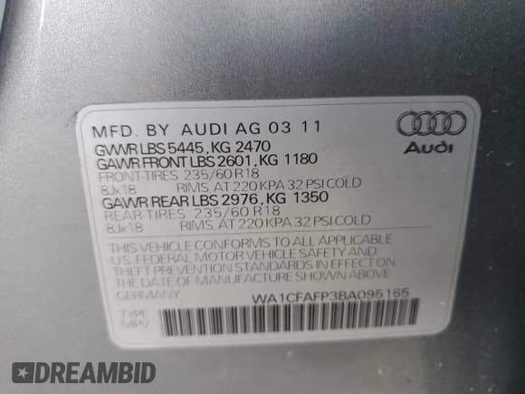 ✅ 2011 Audi Q5 Premium • VIN: WA1CFAFP3BA095165 • Лот: 64927405. Опубликован ранее на Copart с пробегом 80 936 миль. Бесплатный доступ к архиву аукционных продаж из США и подробный отчёт об истории автомобиля на DreamBid. Изображение 13.