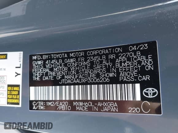 2023 Toyota Prius LE z VIN JTDACAAUXP3006206, wystawiony jako IAAI lot #42047362 z przebiegiem 36 206 mil mil oraz . Historia ofert i sprzedaży dostępna na DreamBid. Obrazek 9.