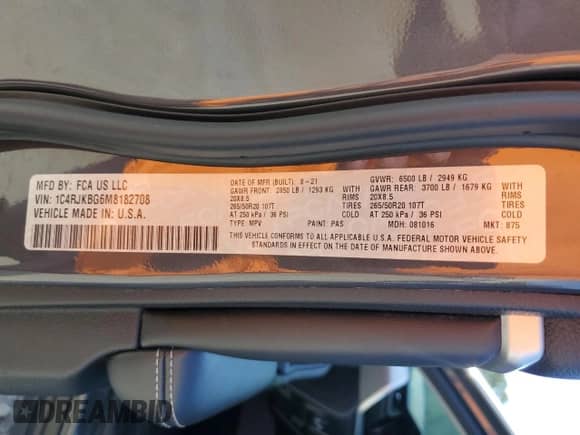 2021 Jeep Grand Cherokee Limited с VIN 1C4RJKBG6M8182708, выставлен на аукционе Copart как лот 84478555 с пробегом Не указан миль и Списание • Salvage title. История ставок и продаж доступна на DreamBid. Изображение 13.