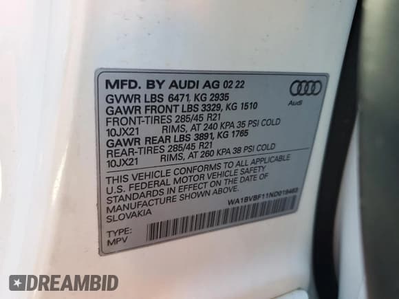 ✅ 2022 Audi Q8 Premium Plus • VIN: WA1BVBF11ND019463 • Lot: 64094385. Listed on Copart with 34,659 mi. Free auction sales archive from the USA and detailed vehicle history report at DreamBid. Image 13.