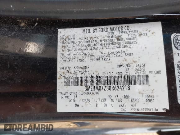 ✅ 2008 Mercury Milan • VIN: 3MEHM07Z38R624218 • Lot: 42908918. Listed on IAAI with 99,553 mi. Free auction sales archive from the USA and detailed vehicle history report at DreamBid. Image 9.