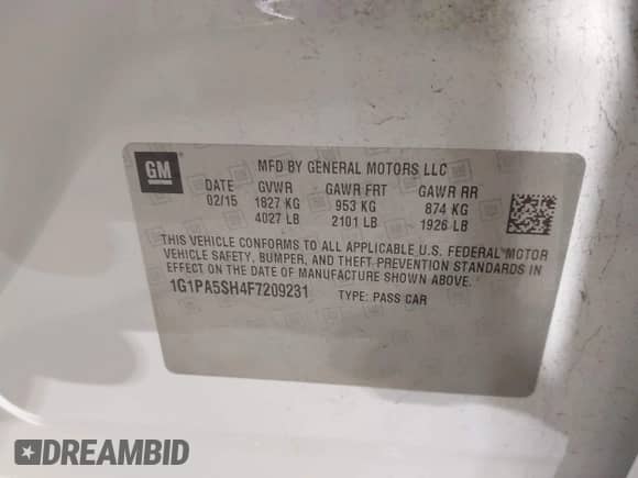 2015 Chevrolet Cruze LS z VIN 1G1PA5SH4F7209231, wystawiony jako IAAI lot #43335340 z przebiegiem 137 165 mil mil oraz . Historia ofert i sprzedaży dostępna na DreamBid. Obrazek 9.