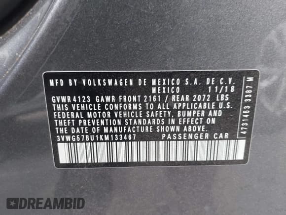 ✅ 2019 Volkswagen Jetta SEL Premium • VIN: 3VWG57BU1KM133467 • Lot: 42412301. Listed on IAAI with 62,604 mi. Free auction sales archive from the USA and detailed vehicle history report at DreamBid. Image 9.