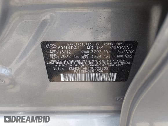 ✅ 2013 Hyundai Elantra GLS • VIN: KMHDH4AE2DU522909 • Lot: 42486912. Listed on IAAI with 163,396 mi. Free auction sales archive from the USA and detailed vehicle history report at DreamBid. Image 9.