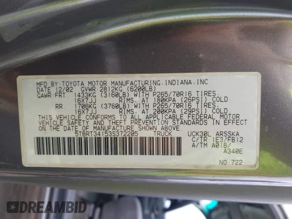 ✅ 2003 Toyota Tundra SR5 • VIN: 5TBRT34153S372205 • Лот: 43686825. Опубликован ранее на IAAI с пробегом 144 492 миль. Бесплатный доступ к архиву аукционных продаж из США и подробный отчёт об истории автомобиля на DreamBid. Изображение 9.