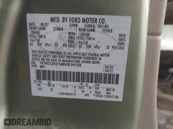 ✅ 2008 Ford Escape XLT • VIN: 1FMCU03148KB16125 • Lot: 43412242. Listed on IAAI with 241,799 mi. Free auction sales archive from the USA and detailed vehicle history report at DreamBid. Image 9.