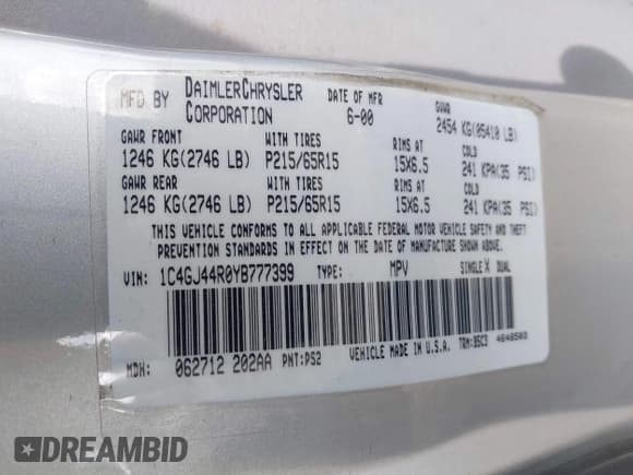 ✅ 2000 Chrysler Voyager SE • VIN: 1C4GJ44R0YB777399 • Лот: 42338359. Опубликован ранее на IAAI с пробегом Не указан. Бесплатный доступ к архиву аукционных продаж из США и подробный отчёт об истории автомобиля на DreamBid. Изображение 9.